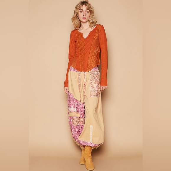 252B. Floral Print Patchwork Twill Jogger Pants - Camel - Picture 3 of 5